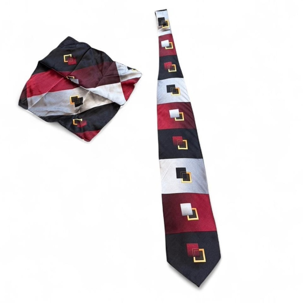 Vintage 90s Giorgio Brutini Red & Black Geometric Silk Tie and Pocket Square Set